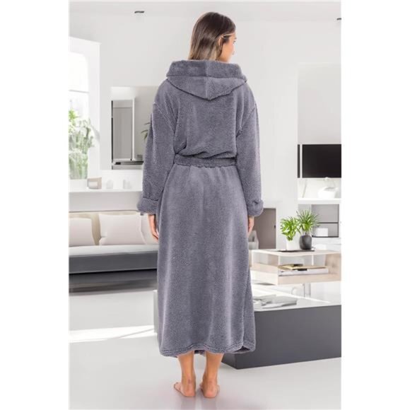 Women's Fuzzy Plush Fleece Bathrobe with Hood, Soft Warm Hooded Lounge Robe - Picture 4 of 6